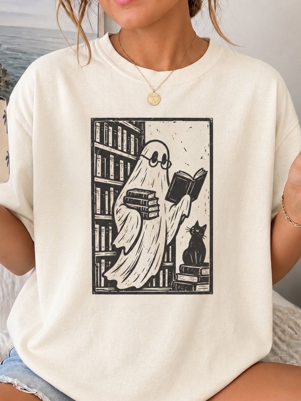 Gildan Cream Retro Cozy Ghost Reading Halloween Shirt , Book Lover Ghost Tee